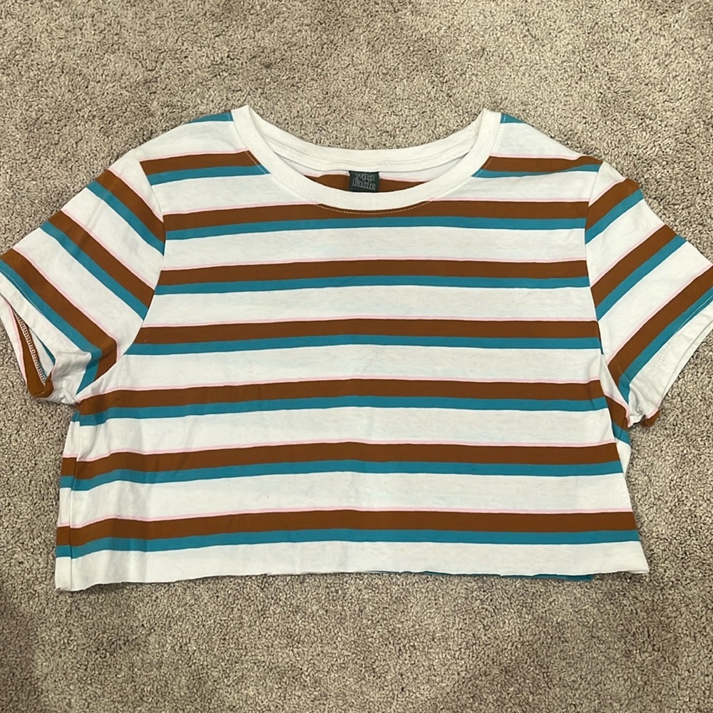 Cropped white, brown, turquoise, and pink striped crop top. Size Medium.